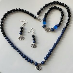 Blue & Black Beaded Jewelry Set Handmade